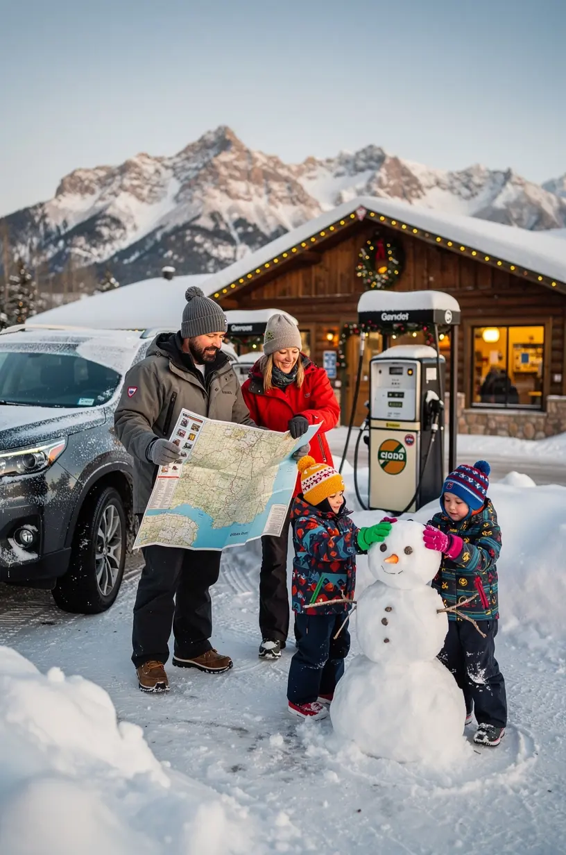 Раскладка дорожного набора с картой, купонами и аудиогидом на столе автозаправочной станции для удобства туристов.