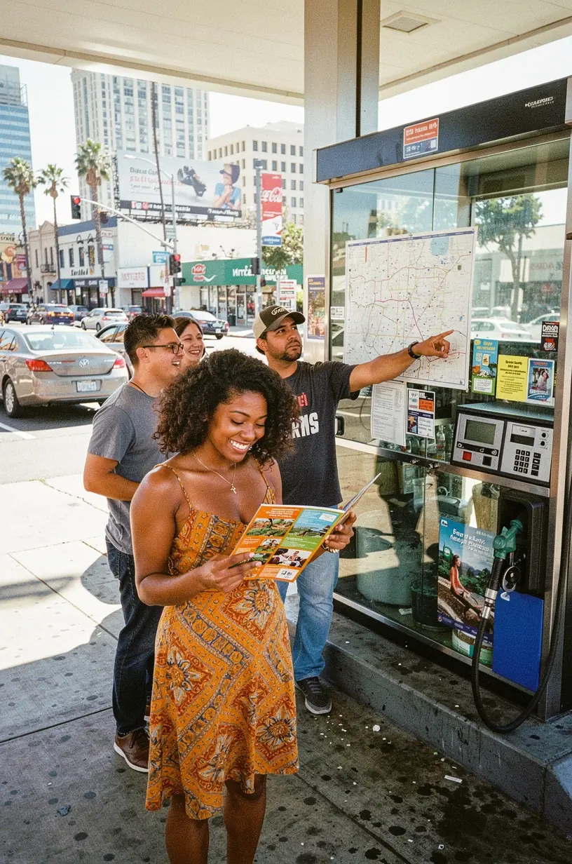 Пакет для путешествий по США с картой, ваучерами и аудиогидом в офлайн-режиме на фоне автозаправочной станции.