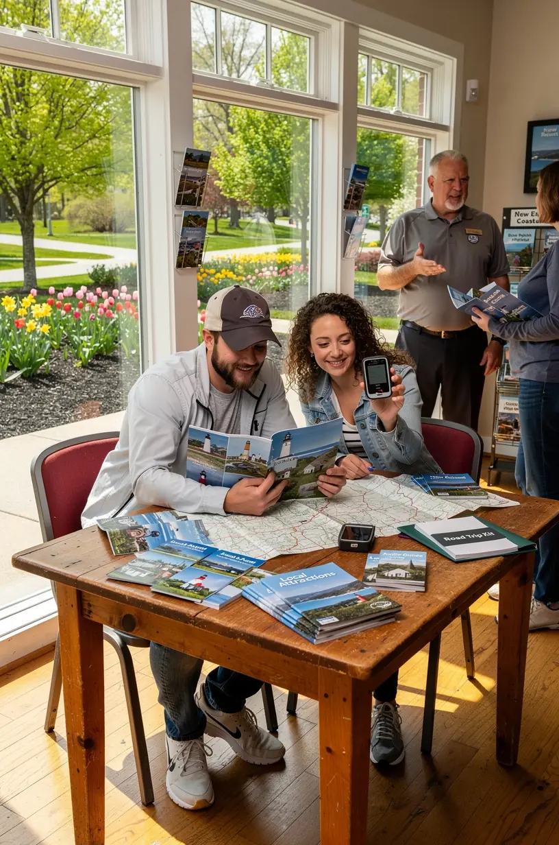 Комплект дорожного путешествия с интерактивными аудиогидами и картами, демонстрируемый на фоне автомобильной дороги в США.